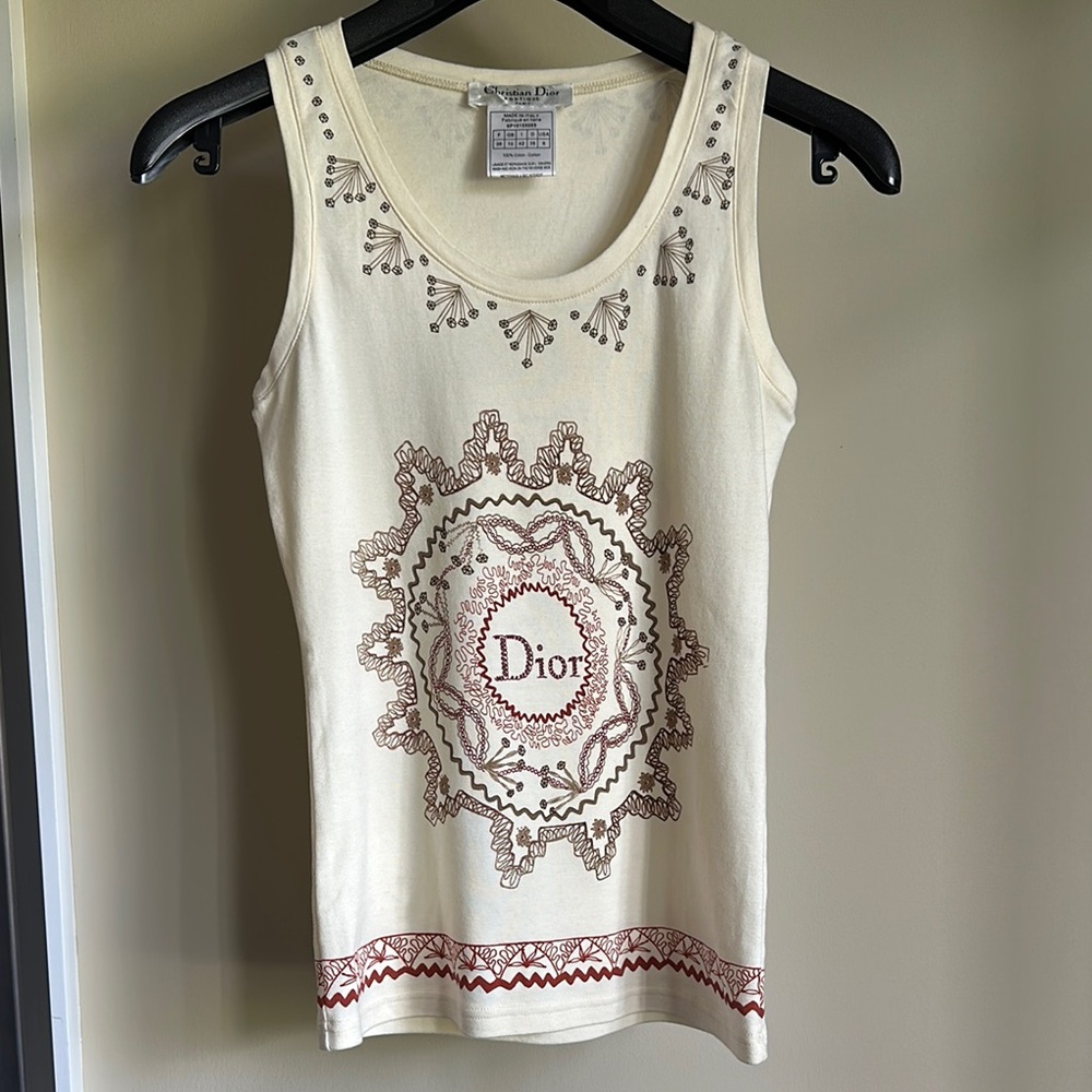 Dior Ivory and Maroon Graphic Tank